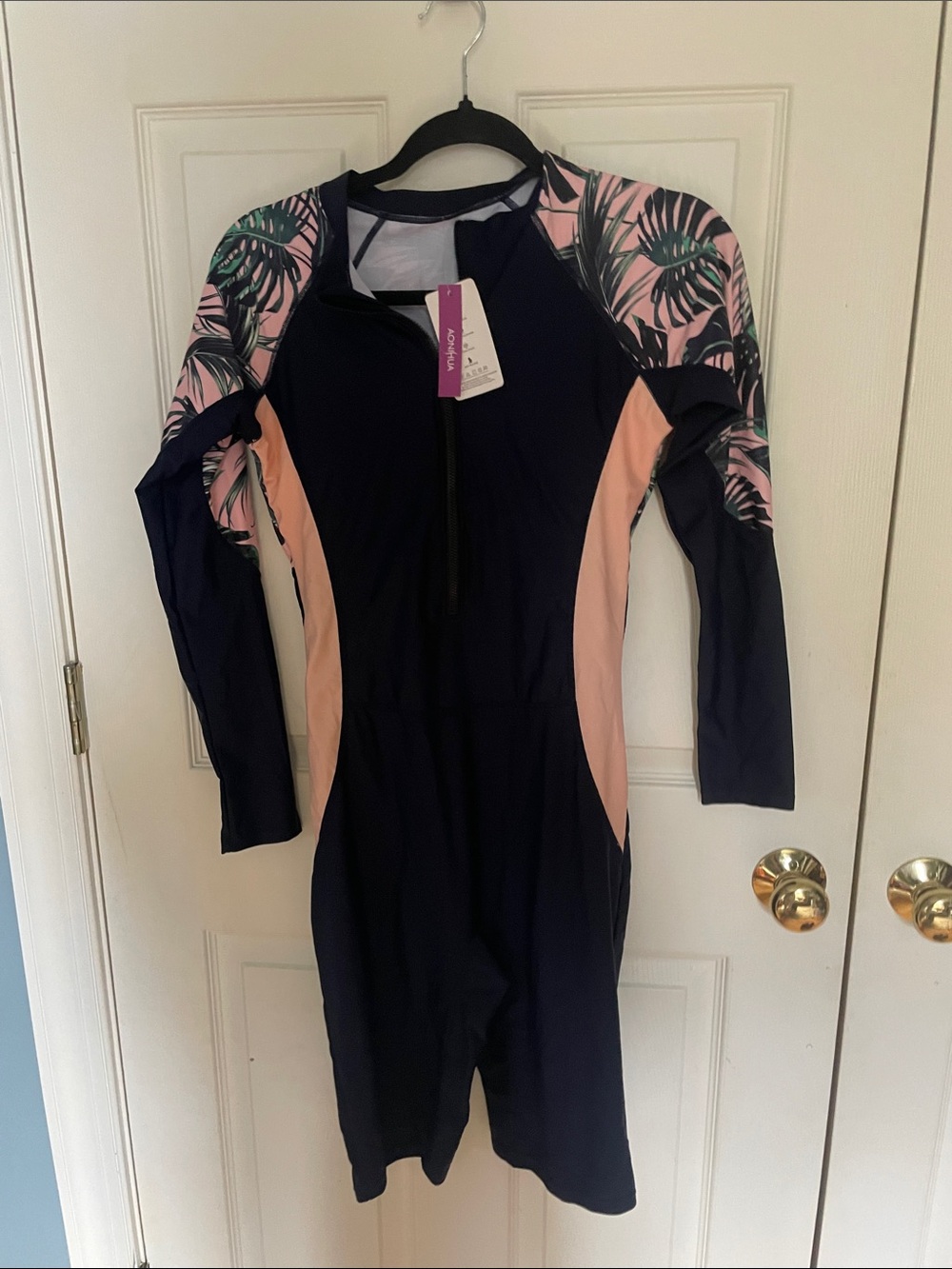 Women’s Long Sleeve Navy and Pink One-Piece Rash Guard Swimsuit medium